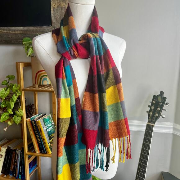 Vintage Y2K Rainbow Block Plaid Cashmere Fringe Scarf - Picture 2 of 4
